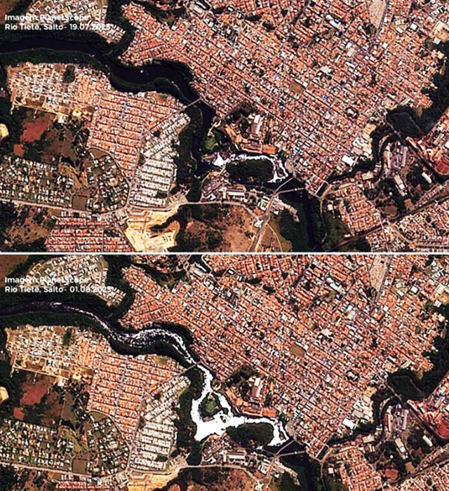 Foto: A imagem de satélite captada no dia 1.o de agosto mostra quanto avançou a espuma no Rio Tietê, em Salto, comparando com o registro de 19 de julho