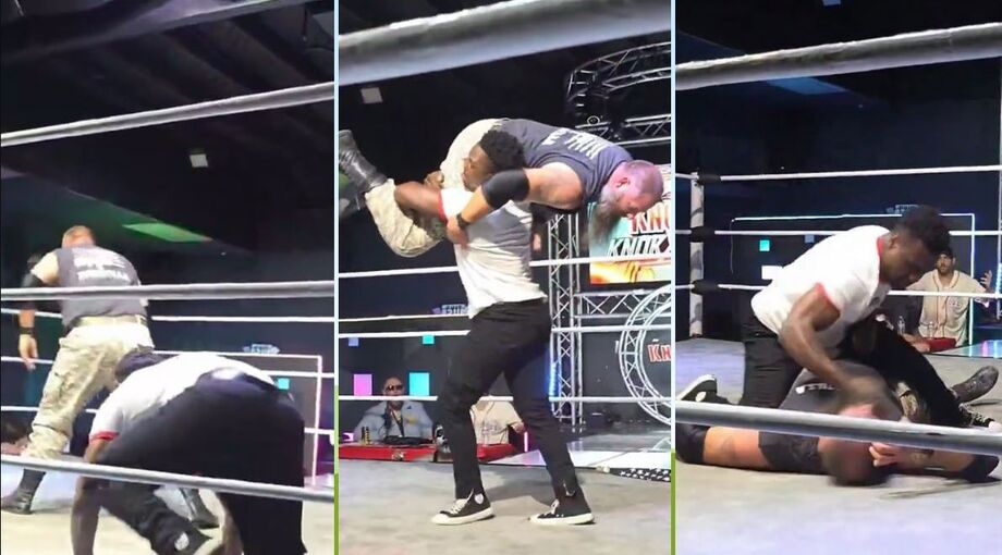Raja Jackson é contido por outros lutadores após agredir adversário desacordado em evento de Wrestling na Califórnia