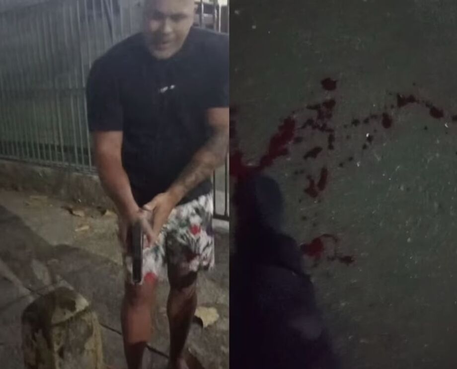 Policial penal aponta a arma para o pé do entregador Valério Souza; ao lado, a vítima mostra o pé ensanguentado