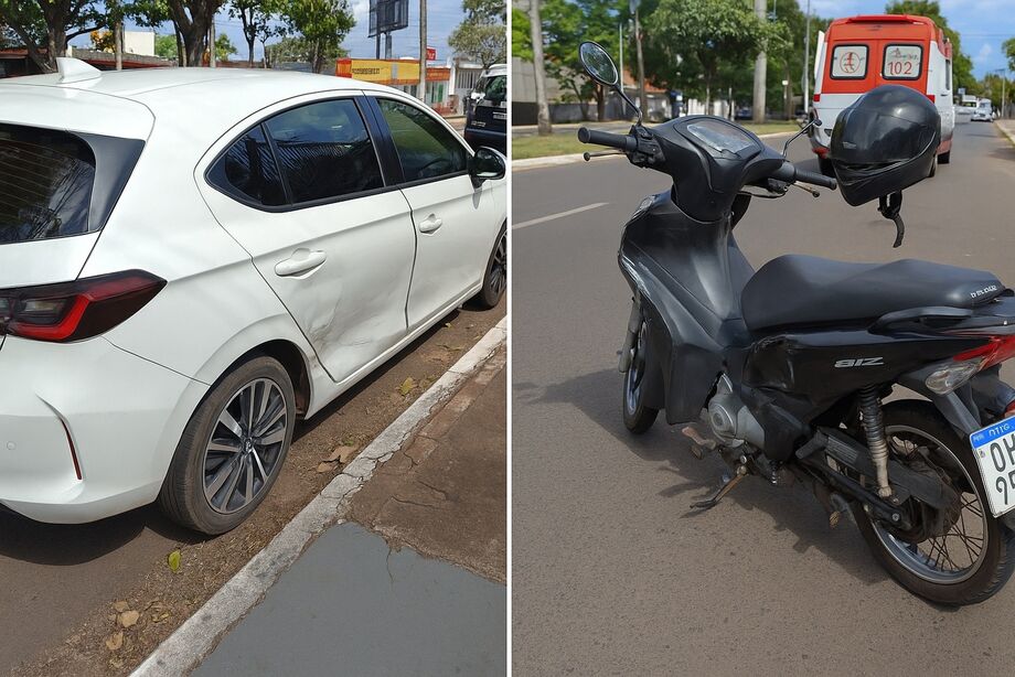 Colisão na avenida Mato Grosso, em Campo Grande (MS), deixou motociclista ferida; impacto atingiu a lateral do Honda City.