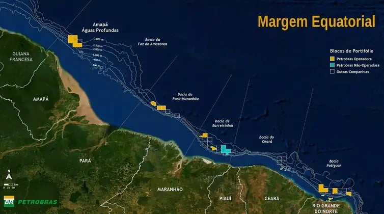 Mapa da Margem Equatorial A nova fronteira exploratória de petróleo e gás no Brasil se estende do Rio Grande do Norte ao Amapá. Os blocos destacados mostram onde a Petrobras atua como operadora, não-operadora ou divide espaço com outras companhias.