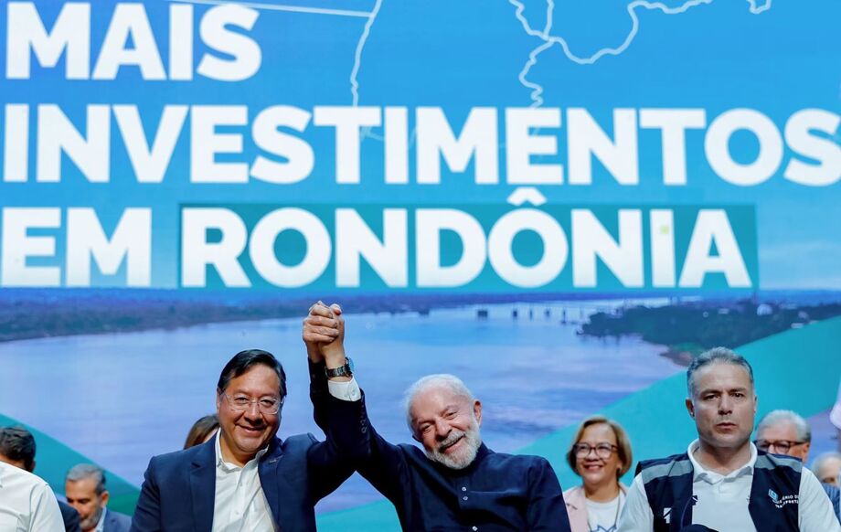 Presidente da República, Luiz Inácio Lula da Silva, durante cerimônia de anúncios de investimentos do Governo Federal para o estado de Rondônia. Presidente da Bolívia, Luis Arce participa do evento