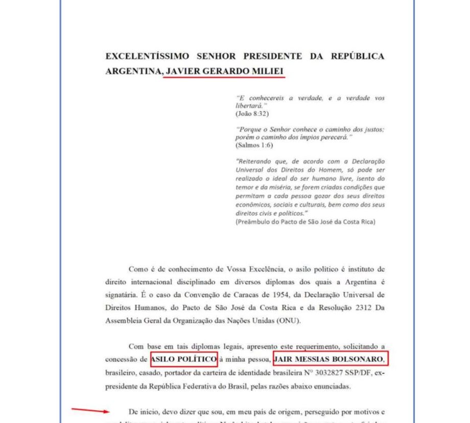 Erro no documento de asilo político de Bolsonaro levanta suspeitas sobre plano de fuga.
