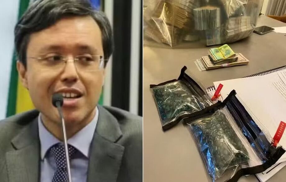 O auditor fiscal Artur Gomes da Silva Neto e sacos de esmeralda que foram apreendidos durante a Operação Ícaro