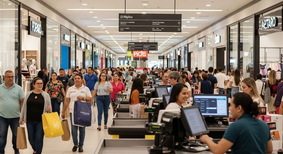 Movimento intenso em shopping de Campo Grande. Comércio de MS espera aumento nas vendas com a antecipação do 13º salário.