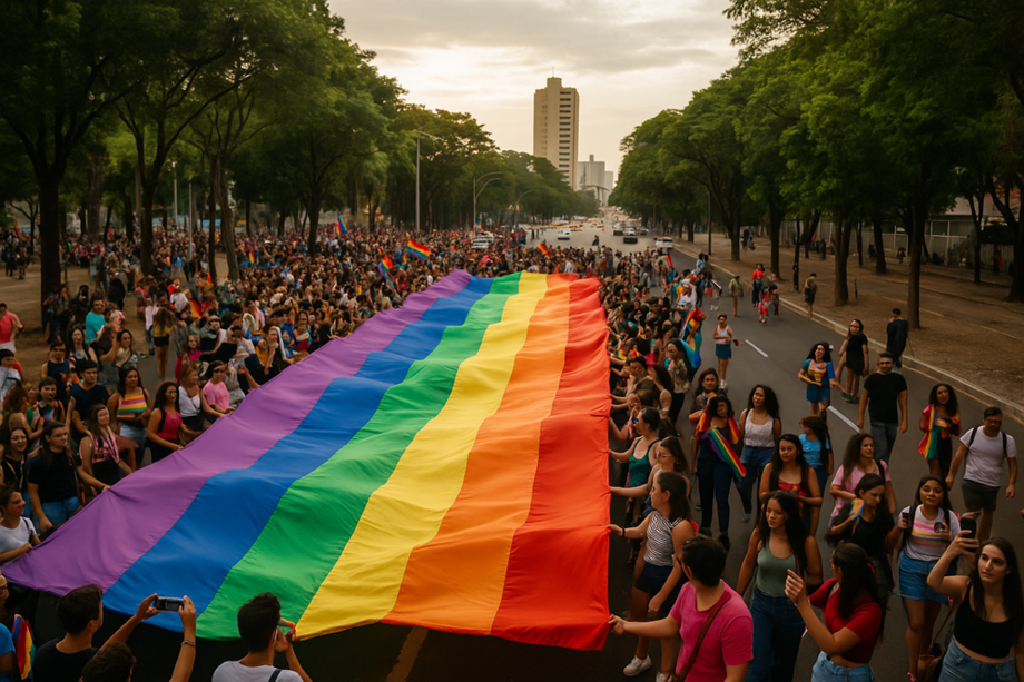 Multidão percorre as ruas de Campo Grande neste sábado (13) durante a 22ª Parada da Diversidade, com a tradicional bandeira arco-íris estendida pelos participantes.