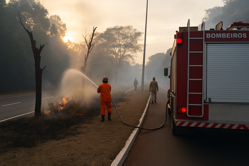 Bombeiros usam mangueiras e bombas costais para conter o incêndio no Parque dos Poderes, em Campo Grande