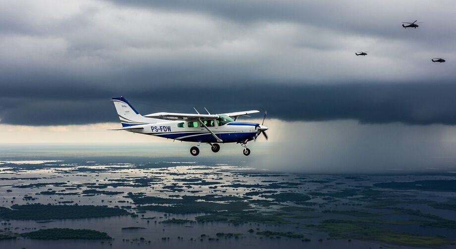Montagem ilustra o monomotor Cessna 210 Silver Eagle, prefixo PS-FDW, que desapareceu no Pantanal; aeronaves da FAB participam das buscas