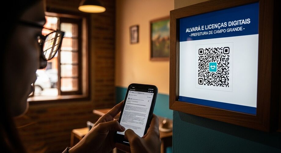 Empresária acessa alvará digital por meio de QR Code em estabelecimento de Campo Grande; lei substitui documentos impressos.