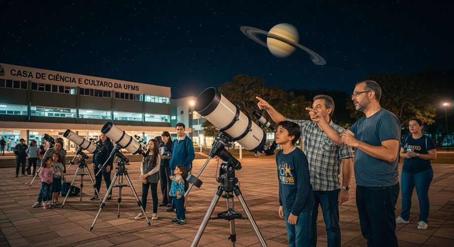 Público acompanha telescópios montados na Casa de Ciência e Cultura da UFMS em noite dedicada à observação de Saturno  imagem criada para ilustrar a atividade.