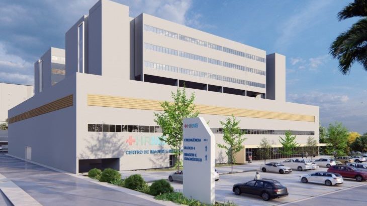 Projeto do novo Hospital Regional de Mato Grosso do Sul, em Campo Grande, que será leiloado na B3 no dia 4 de dezembro. A obra inclui expansão de leitos, energia solar, automação e farmácia robotizada