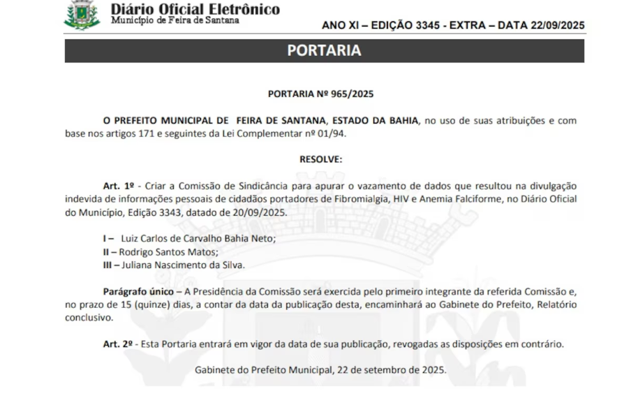Portaria publicada nesta segunda-feira, 22, estabelece a criação de uma comissão de sindicância para apurar o vazamento de dados