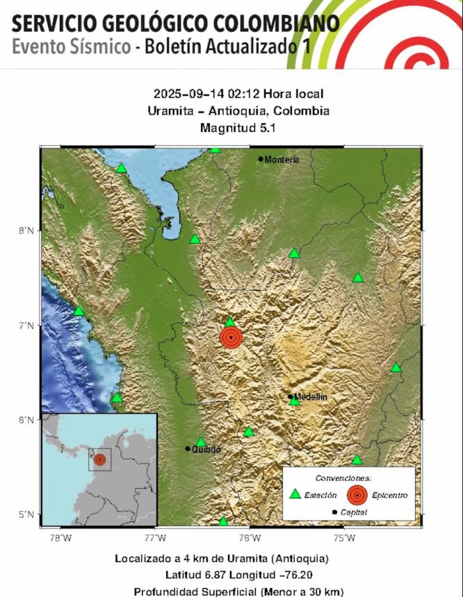 Terremoto de magnitude 5,1 foi registrado na madrugada deste domingo em Antioquia, na Colômbia