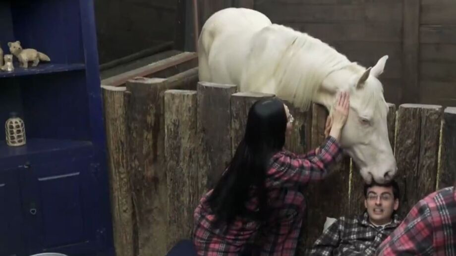 Dudu Camargo se assusta após cavalo morder sua cabeça dentro da baia do reality A Fazenda 17.