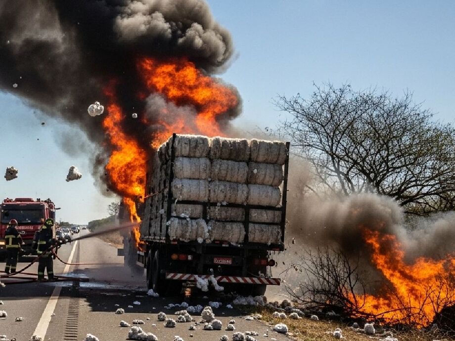 Carreta carregada de algodão em chamas na BR-163, em São Gabriel do Oeste; fogo se espalhou para a vegetação. Imagem ilustrativa.