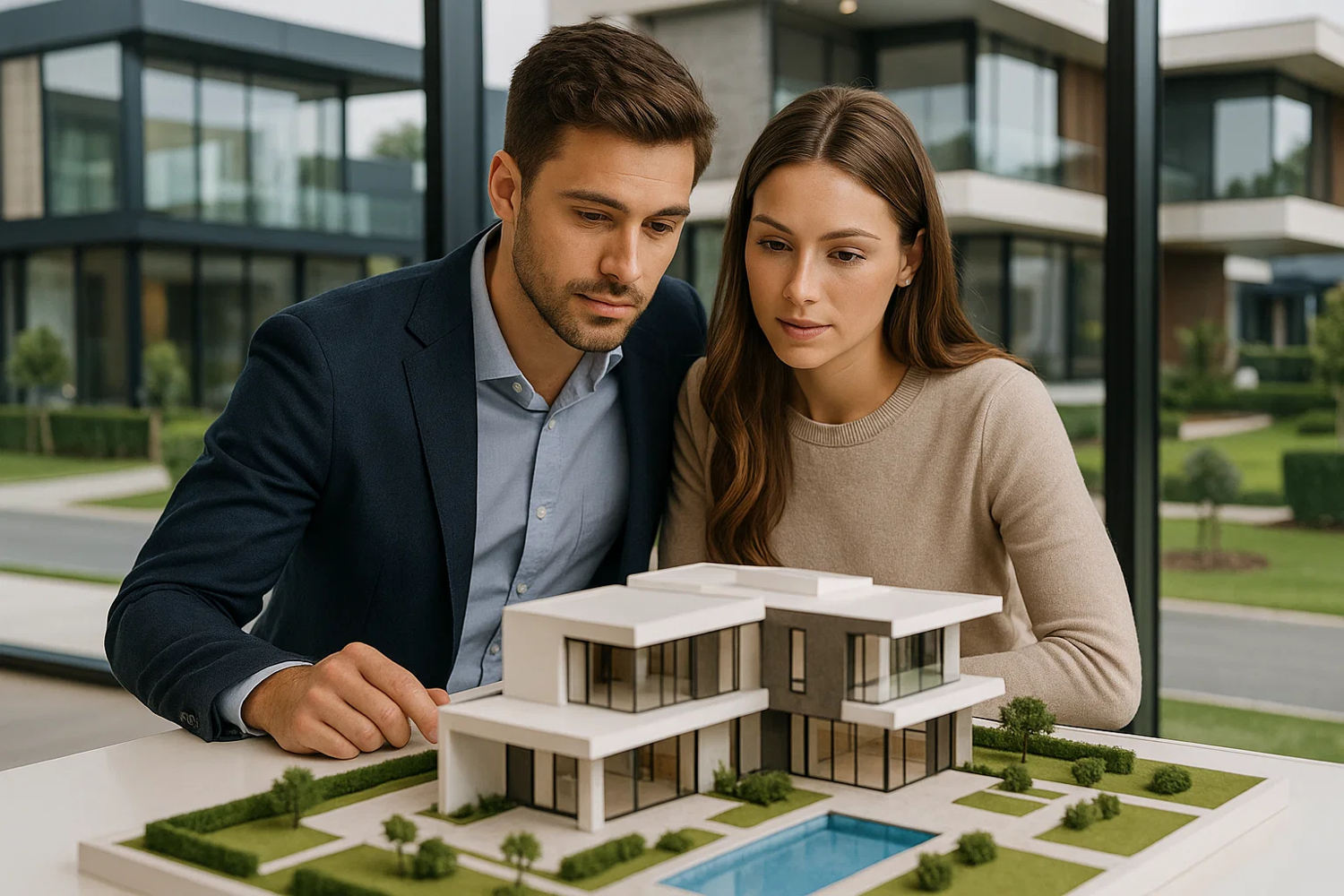 Casal analisa maquete de imóvel de alto padrão como parte do planejamento para aquisição via consórcio imobiliário, alternativa sem juros.