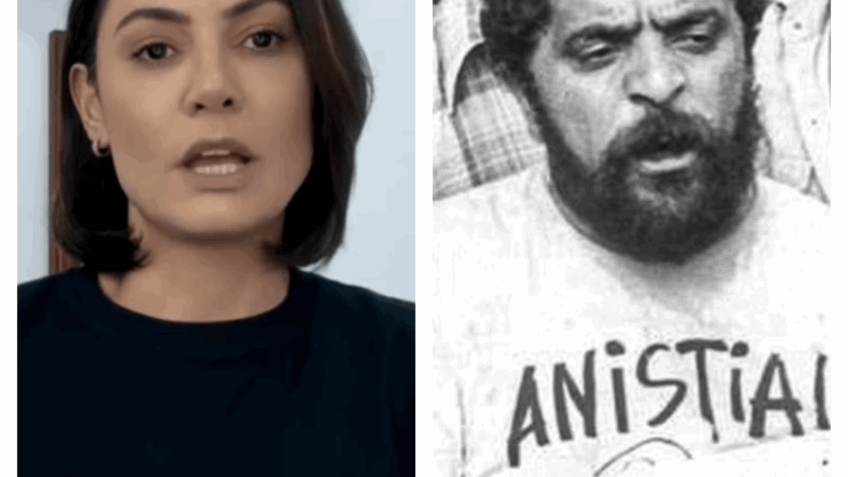 Michelle Bolsonaro relembra foto de Lula com camiseta anistia.