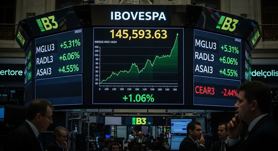 Ibovespa fecha acima de 145 mil pontos pela primeira vez, embalado por corte de juros nos EUA e fluxo externo para a Bolsa.