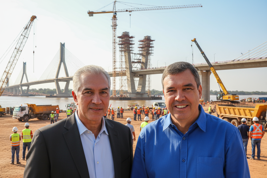 Reinaldo Azambuja e Eduardo Riedel em montagem sobre as obras da ponte internacional entre Porto Murtinho (Brasil) e Carmelo Peralta (Paraguai), símbolo da Rota Bioceânica e marco logístico para o Mato Grosso do Sul.