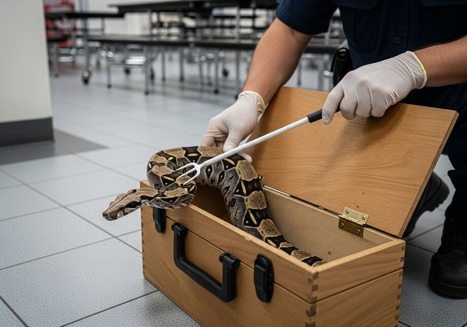Jiboia filhote resgatada no forro do refeitório do Sinpol, em Campo Grande, é colocada em caixa de contenção pela Polícia Militar Ambiental antes de ser levada ao Cras (Centro de Reabilitação de Animais Silvestres).