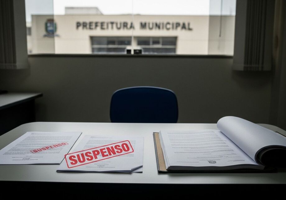 Documentos com selo de suspenso simbolizam a paralisação da licitação da Prefeitura de Fátima do Sul após decisão do TCE-MS nesta sexta-feira