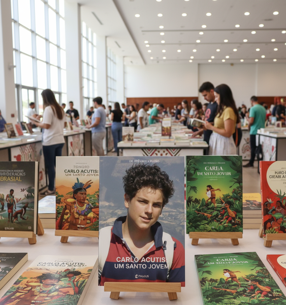 Ilustração de livros sobre São Carlo Acutis em destaque no estande da Paulinas Editora durante a 1ª Bienal do Livro do Pantanal, em Campo Grande.