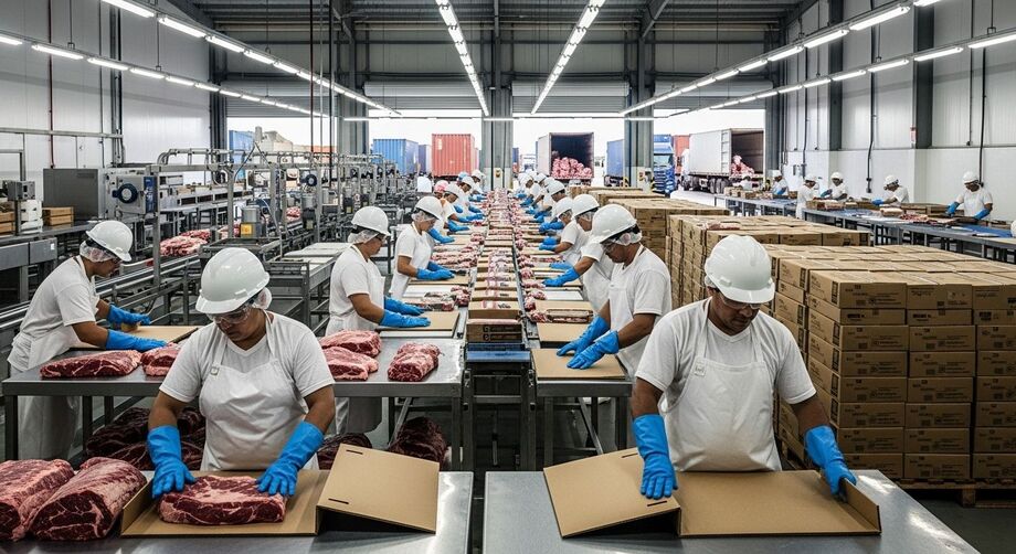 Trabalhadores embalam cortes de carne bovina em frigorífico de Mato Grosso do Sul. Estado busca novos mercados após tarifa dos EUA e reforça exportações para a China.