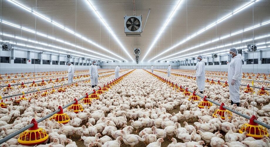 Granja moderna de frangos em Sidrolândia, Mato Grosso do Sul. Município lidera a produção avícola no estado e entra no top 25 do Brasil.