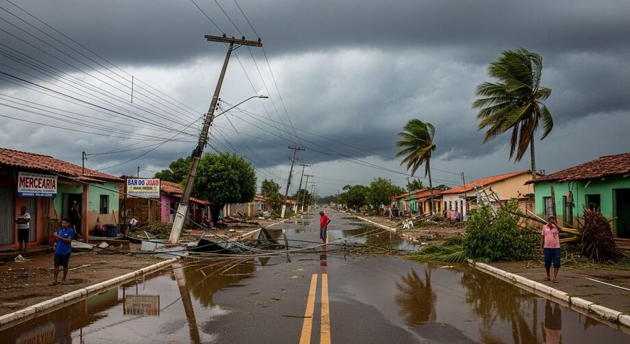 Rua alagada com postes caídos depois de um temporal. A imagem mostra os efeitos do vento forte em cidades do interior de Mato Grosso do Sul.