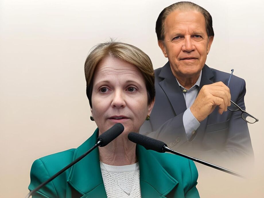 A senadora Tereza Cristina em destaque e, ao fundo, o comentarista Manoel Afonso, que analisou no rádio os cenários para a presidência do Senado em 2027