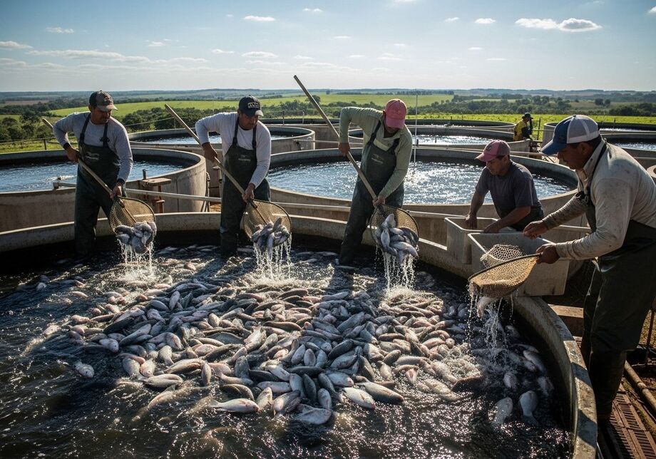 Produtores fazem a despesca de tilápias em tanques circulares no interior de MS. Espécie representa quase toda a produção de pescado do estado.