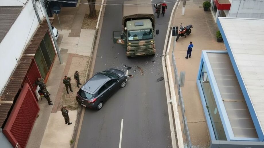 Caminhão do Exército bate em carro na Rui Barbosa, em Campo Grande; motorista de 70 anos ficou em choque, mas sem ferimentos graves.