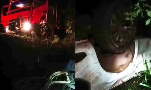 Caminhonete ficou com as rodas para cima após sair da pista e cair em barranco na BR-262, entre Anastácio e Miranda; motorista morreu preso às ferragens.