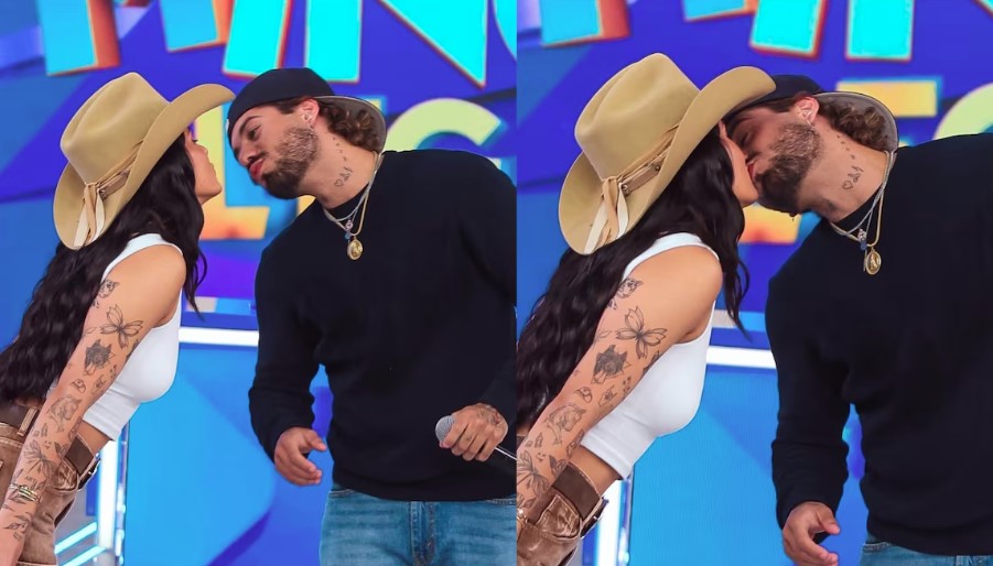 Ana Castela e Zé Felipe deram primeiro beijo em público durante gravação do 'Domingo Legal' no SBT.