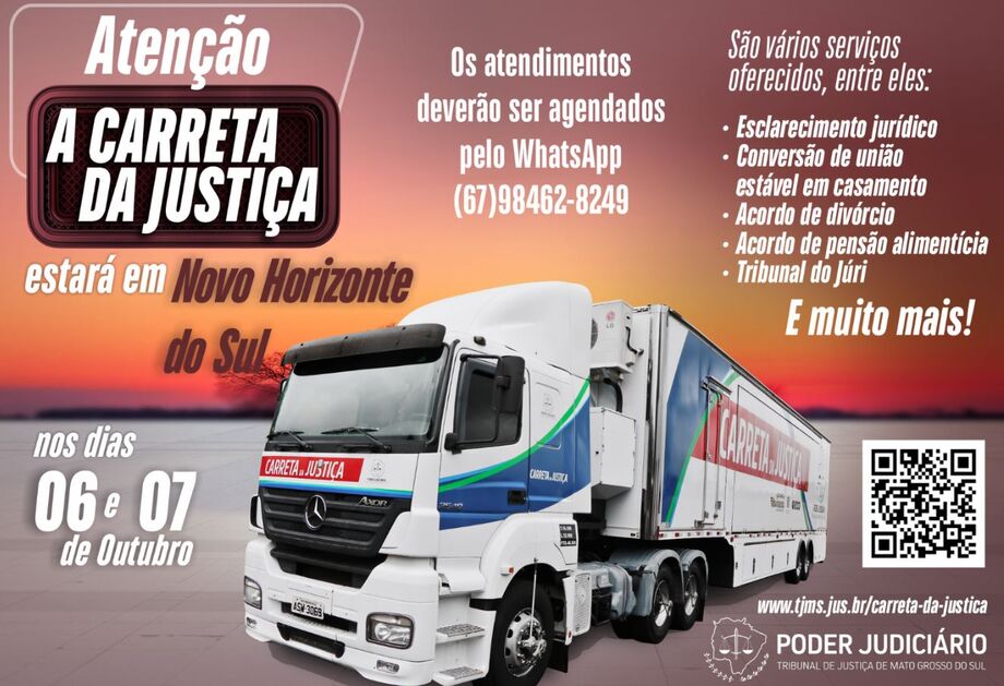 Carreta da Justiça do TJMS atenderá moradores de Novo Horizonte do Sul com serviços jurídicos gratuitos em 6 e 7 de outubro.