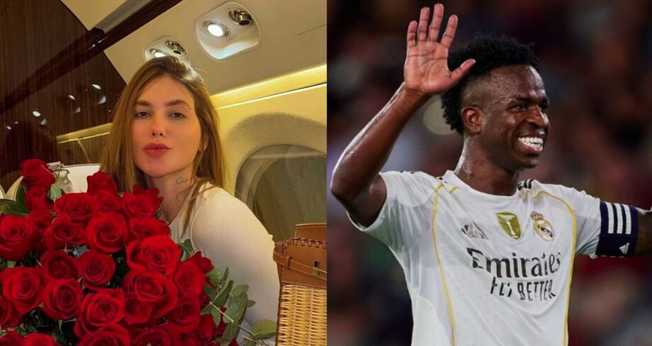 Virginia aparece com camisa de Vini Jr em jogo do Real Madrid.