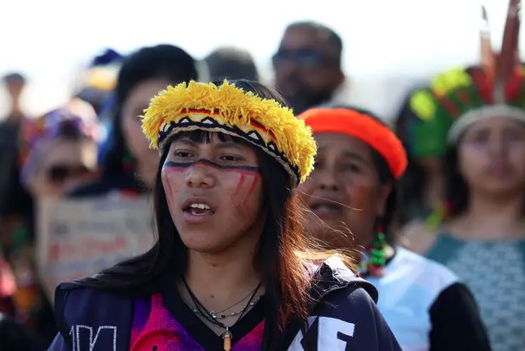 Lideranças indígenas Guarani Kaiowá do Mato Grosso do Sul durante protesto em Brasília, em agosto de 2024
