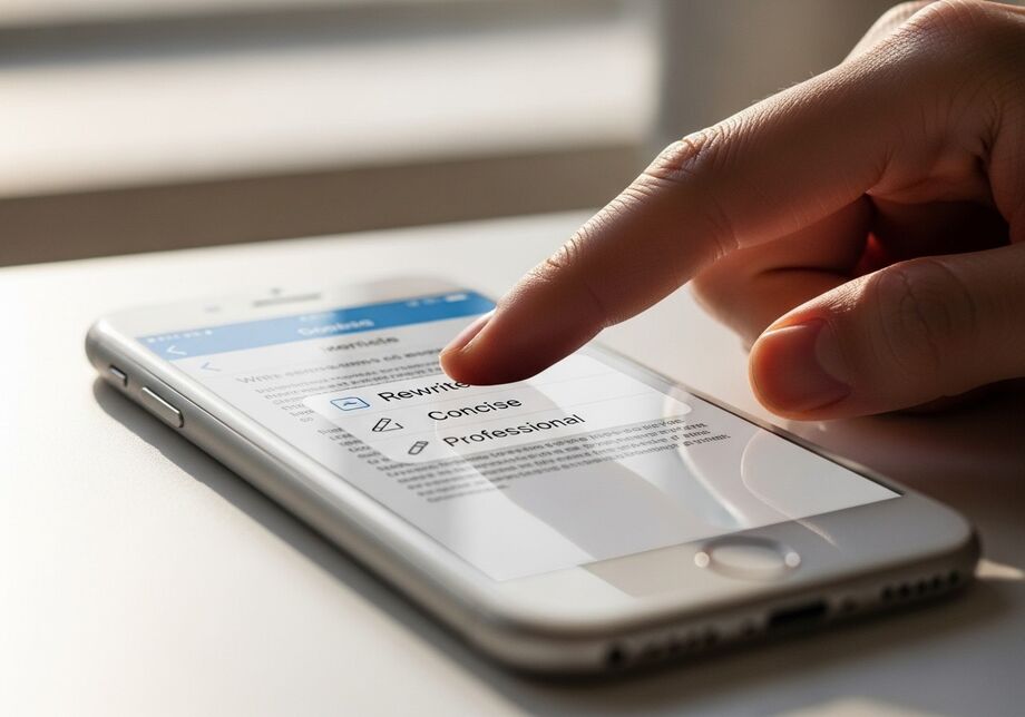 App Notas no iPhone mostra um texto transcrito automaticamente, pronto para ser revisado e compartilhado.
