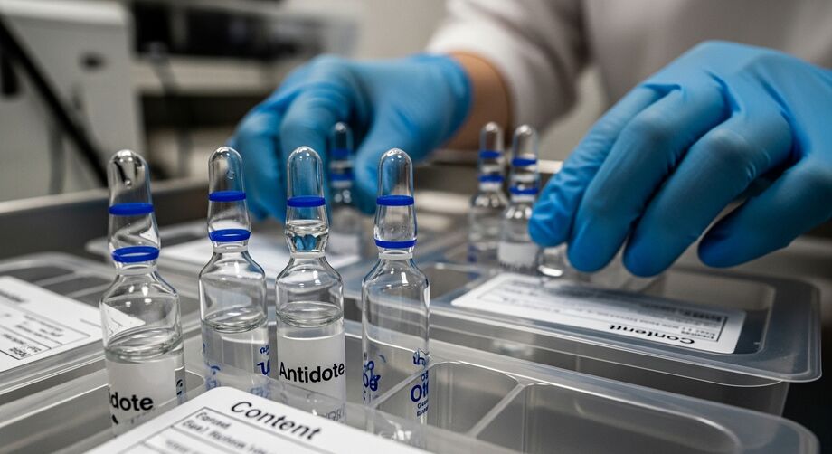 Profissional manuseia ampolas de antídoto contra intoxicação por metanol. Mato Grosso do Sul recebeu 60 unidades do medicamento em ação emergencial do Ministério da Saúde.