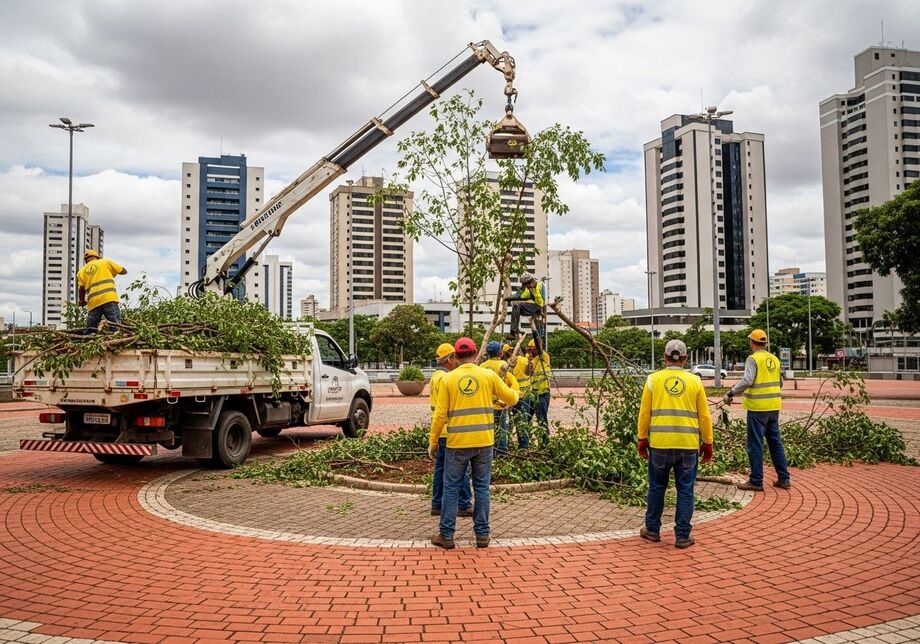 Equipe de trabalhadores faz a retirada de árvores em área urbana de Campo Grande