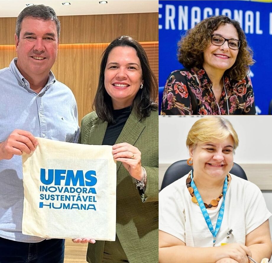 O governador Eduardo Riedel com a Reitora da UFMS, Camila Ítavo, Rose Pinheiro, diretora da Editora da UFMS, e Lia Brambilla, Pró-Reitora de Cultura da UFMS