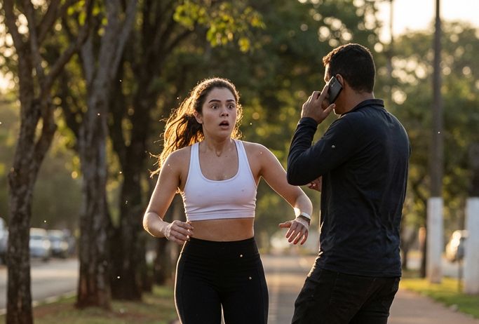 Cena dramatizada mostra o momento em que uma corredora é surpreendida por um homem durante atividade física.