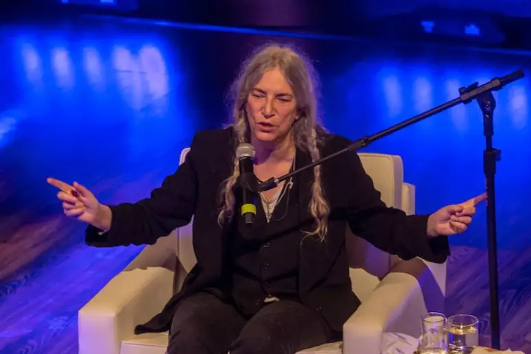 A cantora americana Patti Smith durante bate-papo no lançamento de seus dois livros, no teatro do Sesc Pompeia, em São Paulo, em 2019.