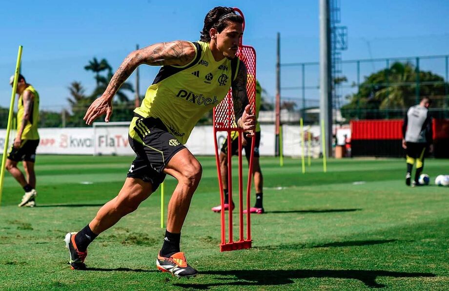 Pedro participa de parte do treino no Ninho e pode reforçar o Flamengo na final da Libertadores.
