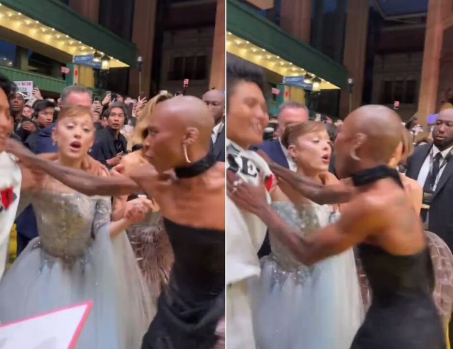 Momento em que o fã invade o tapete, agarra Ariana Grande e é afastado por Cynthia Erivo