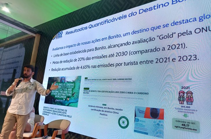 Bruno Wendling, da Fundtur, apresenta dados sobre Bonito como destino carbono neutro durante a COP 30 em Belém (PA)