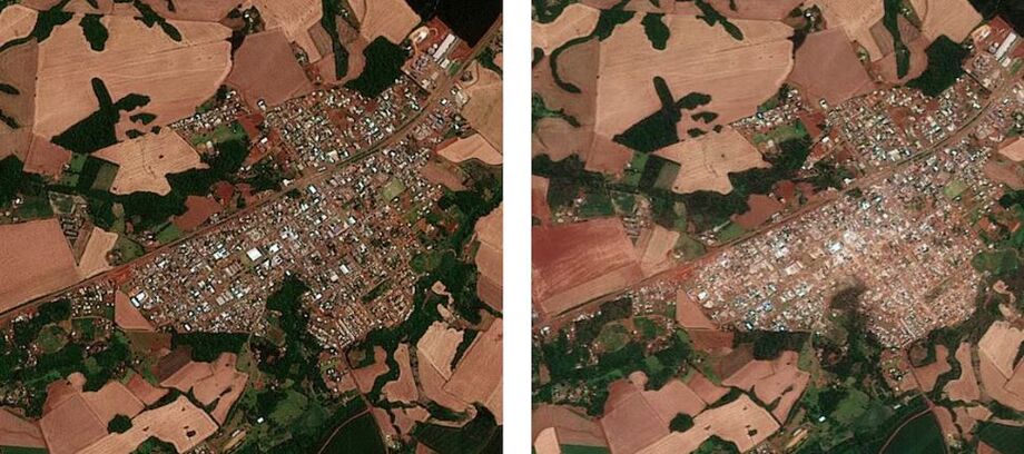 Imagens de satélite registraram Rio Bonito do Iguaçu (PR); à esquerda, a cidade antes da passagem do tornado e, à direita, o rastro de destruição.