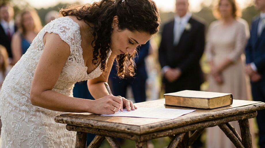 Noiva assina documentos durante cerimônia de casamento ao ar livre, em imagem que ilustra mudanças nas escolhas sobre adoção de sobrenome em Mato Grosso do Sul.