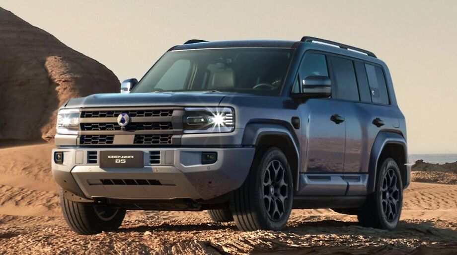 Denza B5 exibe frente imponente com elementos que reforçam sua proposta off-road híbrida e de alto desempenho.
