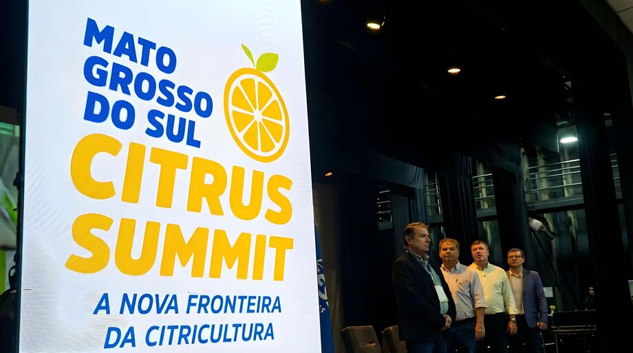 Governador Eduardo Riedel e autoridades participam do MS Citrus Summit, em Três Lagoas, evento que marcou o anúncio do pacote estadual para impulsionar a citricultura até 2030.